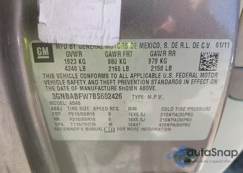 2011 Chevrolet Hhr Lt from USA, damaged, VIN 3GNBABFW7BS602426